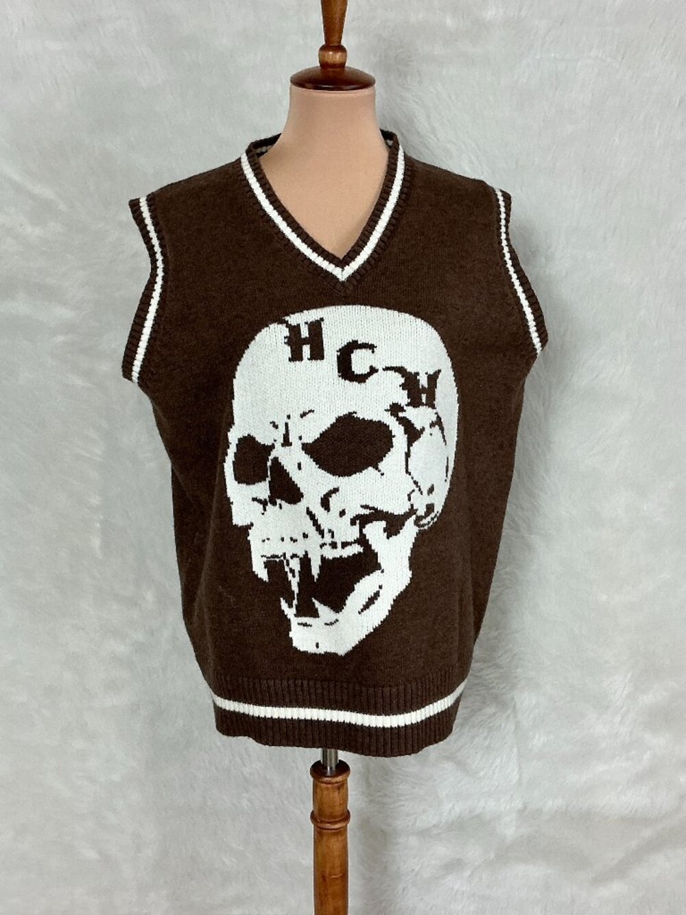 Heaven Can Wait Brown Vampire Skull Graphic Oversized Sweater Vest M